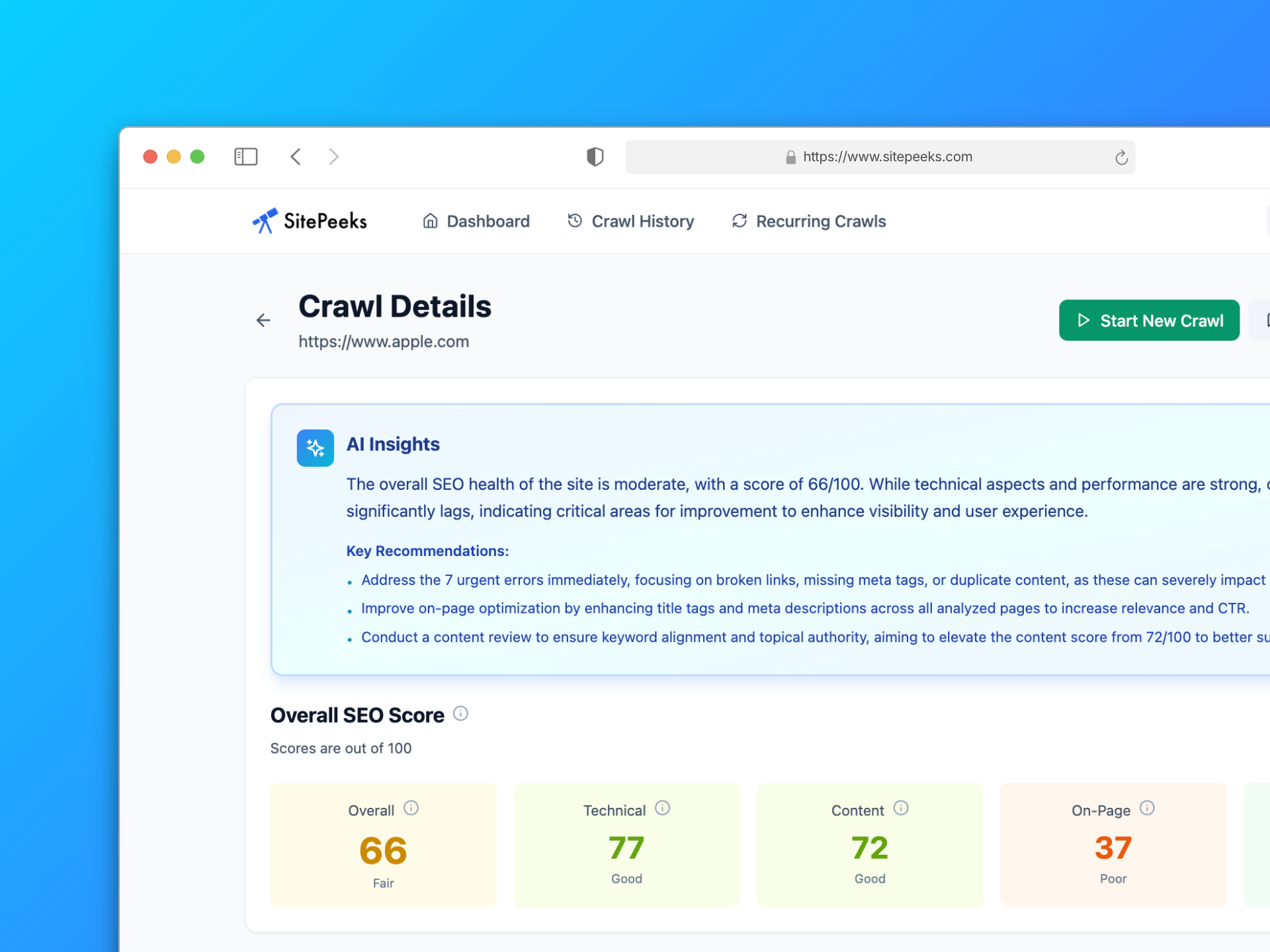 SitePeeks Crawl Details page showing AI insights and SEO scoring metrics